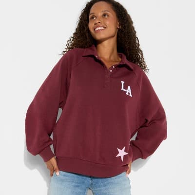 Women's LA Button-Front Graphic Pullover Sweatshirt - Burgundy XS
