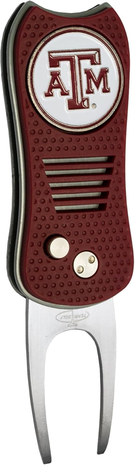 Team Golf NCAA Texas A&M Aggies Retractable Divot Tool with Double-Sided Magnetic Ball Marker, Features Patented Single Prong Design, Causes Less Damage to Greens