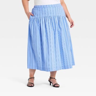 Women's Resort Poplin Drop Waist Midi Skirt - A New Day™ Blue Striped 1X