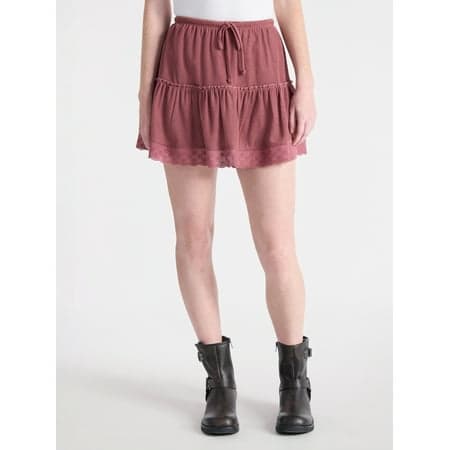 No Boundaries Drawcord Ruffle Mini Skirt with Lace Trim, Women's