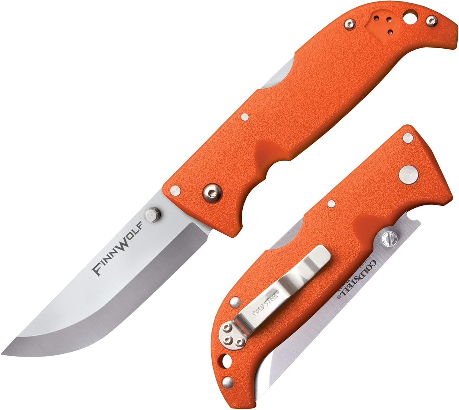 Cold Steel Finn Wolf 3.5in AUS8A Razor-Sharp Straight Back Blade 4.375in Griv-Ex Blaze Orange Handle Hunting Folding Knife, Boxed