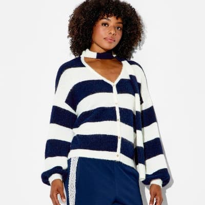 Women's Long Sleeve V-Neck Cardigan - Wild Fable™ Navy Blue Striped M