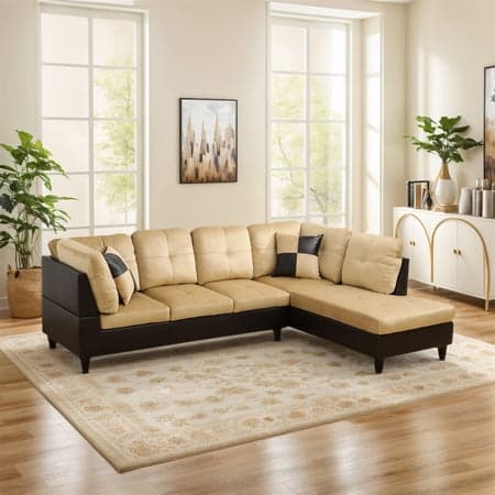 Hommoo Lint &PVC Sectional Sofa Couch Living Room Furniture Sets, Modern L Shaped Sectional Sofa Set, Beige and Brown(No Ottoman)