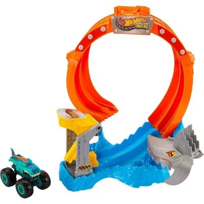 Hot Wheels Monster Trucks Corkscrew Shark Smash Track Set and 1:64 Scale Mega-Wrex Toy Truck