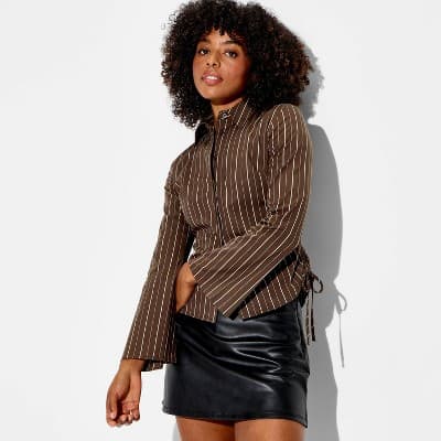 Women's Slim Fit Bell Long Sleeve Collared Button-Down Shirt - Wild Fable™ Brown Striped S