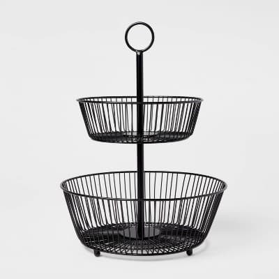 Iron Wire 2-Tier Fruit Basket Black - Threshold™: Traditional Round Fruit Holder Stand, Iron Serving Bowl, 16" Height