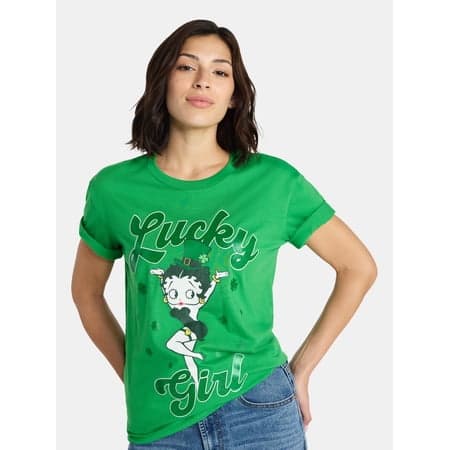 Betty Boop Women's St. Patrick's Day Graphic Tee with Short Sleeves, Sizes XXS-XXL