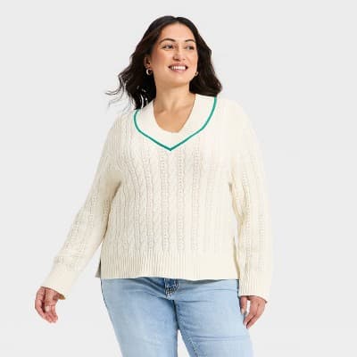 Women's Long Sleeve Cable Knit V-Neck Pullover Sweater - Ava & Viv™ Cream 1X