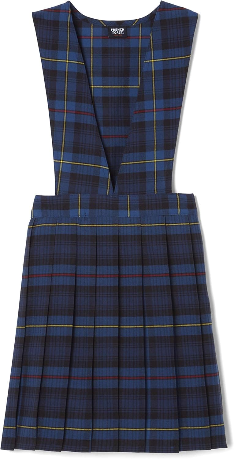 French Toast Girls' Plaid V-Neck Pleated Jumper, Blue & Red Plaid, 7