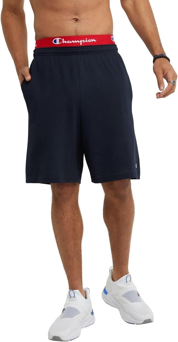 Champion Men's Lounge Shorts, Standard Fit, 9 Inch Inseam, Lightweight 100% Cotton, Available in Regular and Big & Tall, Navy, Medium