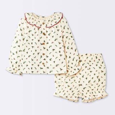 Baby Girls' Christmas Holiday 2pc Holly Berry Long Sleeve Button-Down Top and Bloomer Set - Cloud Island™ Cream 6-9M