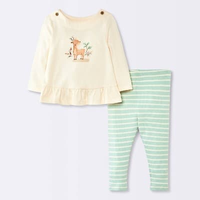 Baby Girls' 2pc Deer Ruffle Long Sleeve T-Shirt and Striped Leggings Set - Cloud Island™ Mint Green/Cream 6-9M