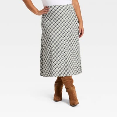 Women's Printed Midi Full Skirt - Universal Thread™ Navy Blue Gingham 1X