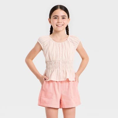 Girls' Short Sleeve Smocked Waist Striped Top - Cat & Jack™ Cream XS