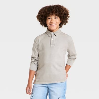 Boys' Long Sleeve Polo Shirt - Cat & Jack™ Oatmeal M