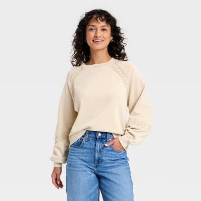 Women's Crochet Trim Sweatshirt - Universal Thread™ Tan M