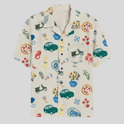 Men's Vacation Print Short Sleeve Button-Down Shirt - Cream L
