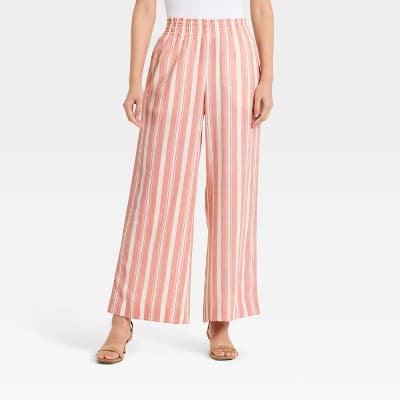 Women's Linen Wide Leg Pull-On Pants - A New Day™ Red/White Striped XS Short