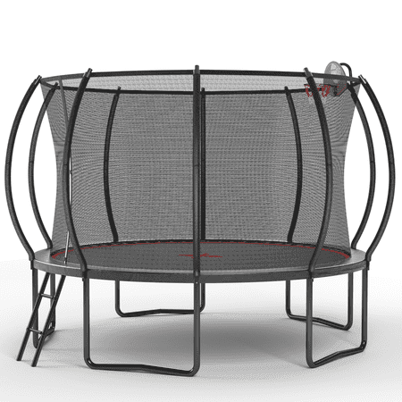 12FT Round Trampoline with Safety Enclosure, Basketball Hoop & Ladder, Galvanized Steel Frame, Outdoor Backyard Trampoline for Kids, Black