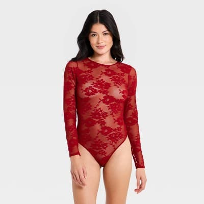Women's Lace Long Sleeve Lingerie Bodysuit - Auden™ Red XS