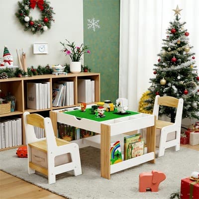 JVNOXK-Kids 2 in1Play Table Chair Set, LEGO-Compatible Drawing Table with7 Storage Compartments, Includes 2 Chairs,Multifunctional Learning Desk-White