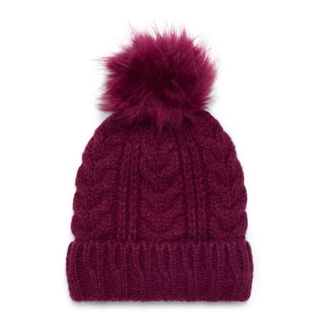 Time and Tru Women's Cable Pom Cuff Beanie, One Size Fits Most, Wine