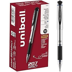 Uniball 207 Impact Gel Pens: 12-Pack (1.0mm, Blue) for $11