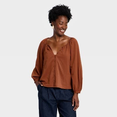 Women's Button-Front V-Neck Woven Top - A New Day™ Brown M