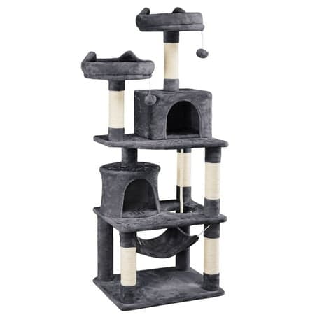 Alden Design 62" Tall Double Condo Cat Tree and Scratching Post Tower, Dark Gray