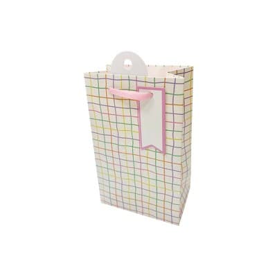 Bows And Sparkles XSmall Iridescent Glitter Grid Pattern Gift Bag with Tag Pink