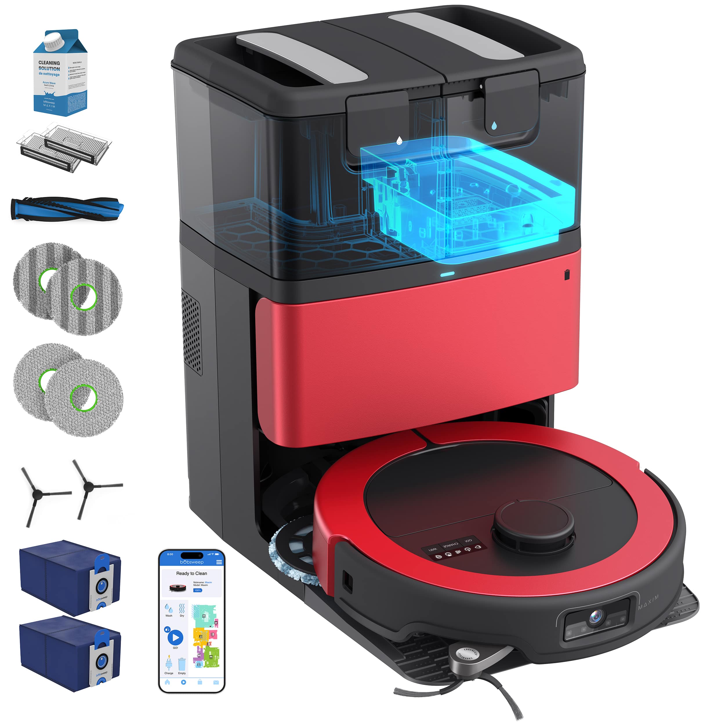 bObsweep - Maxim Robot Vacuum & Mop, AutoWash & Auto-Empty Dock, Privacy-First U.S. Software, Odor Control Bags, 22000 Pa - Imperial Red