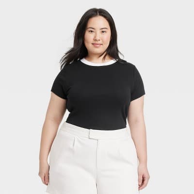 Women's Slim Fit Short Sleeve Ribbed T-Shirt - A New Day™ Black/White M: Cotton Modal Blend, Crew Neck, Pullover, Machine Washable