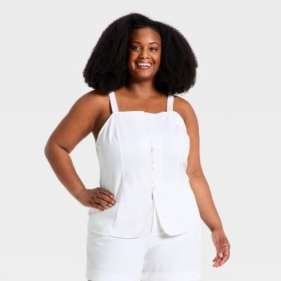 Women's Sleeveless Faux Linen Vest - A New Day™ White 4X