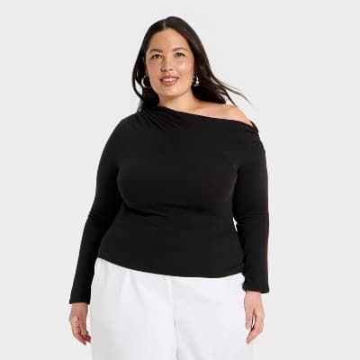 Women's One Shoulder Asymmetrical Knit Ribbed Top - A New Day™ Black 2X