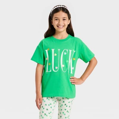 Girls' Short Sleeve Oversized St. Patrick's Day 'Luck' Graphic T-Shirt - Cat & Jack™ Green M