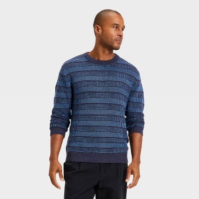 Men's Textured Crewneck Sweater - Goodfellow & Co™ Navy Blue Striped L