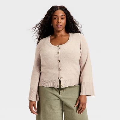 Women's Button-Down Scoop Neck Cardigan Sweater - Universal Thread™ Taupe 1X