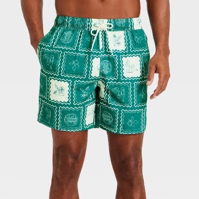 Men's 7'' Patterned Swim Trunks - Goodfellow & Co™ Green Tile M