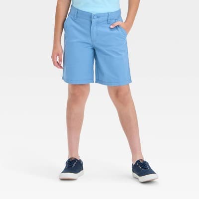 Boys' Flat Front 'At the Knee' Chino Shorts - Cat & Jack™ Blue 7: Cotton Twill, Adjustable Waistband
