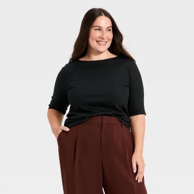 Women's Modern Ribbed Elbow Sleeve Top - A New Day™ Black 4X