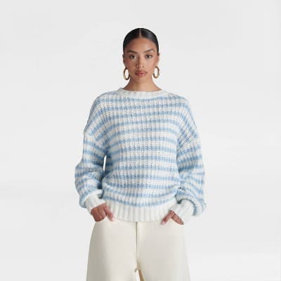 KBB by KAHLANA Women's 'The Oversized Drop Shoulder Crewneck Pullover Sweater' - Cream/Blue XL