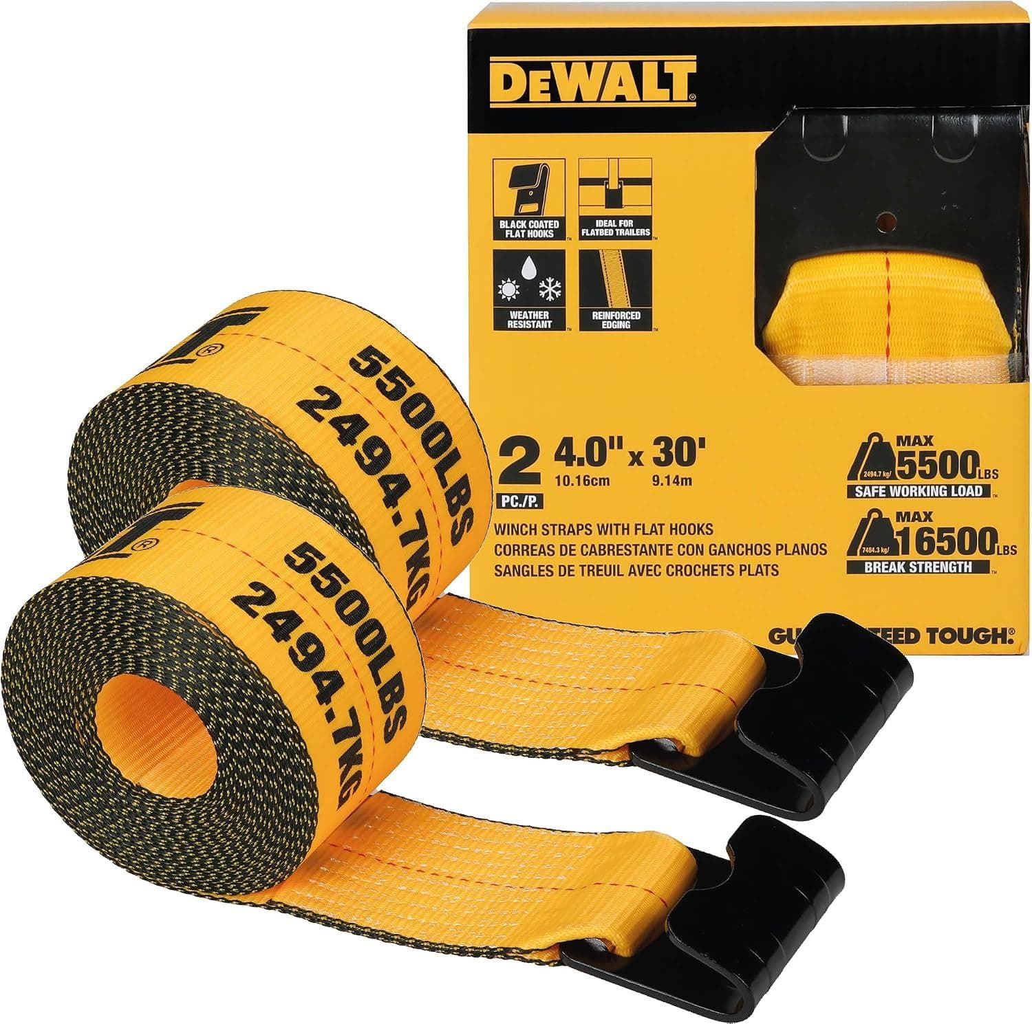 2-Pack DEWALT 4" x 30' Winch Straps w/ Flat Hooks Amazon