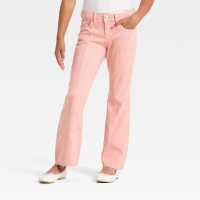 Girls' Mid-Rise Seamed Flare Jeans - Cat & Jack™ Peach Pink 10