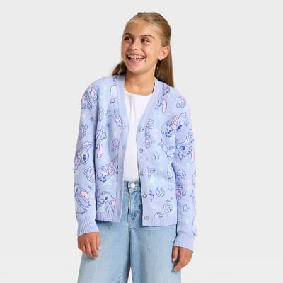 Girls' Disney Stitch Button-Up Cardigan - Blue XS