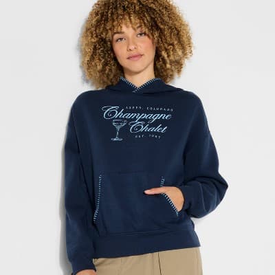 Women's Champagne Chalet Whipstitch Graphic Hooded Sweatshirt - Navy Blue M