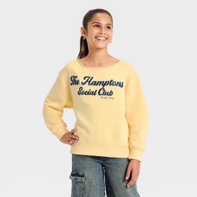 Girls' "The Hamptons Social Club" Off the Shoulder Graphic Sweatshirt - art class™ Yellow M