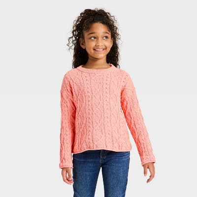 Girls' Cable Knit Pullover Sweater - Cat & Jack™ Peach Pink M
