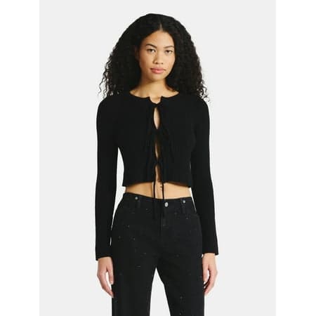 No Boundaries Bow-Tie Ribbed Cardigan, Women's