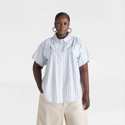 KBB by KAHLANA Women’s Long Sleeve ‘The Convertible Sleeve Button Down’ - White/Blue 1X