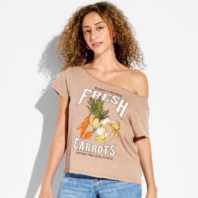 Women's Rabbit Off The Shoulder Graphic T-Shirt - Light Brown XS